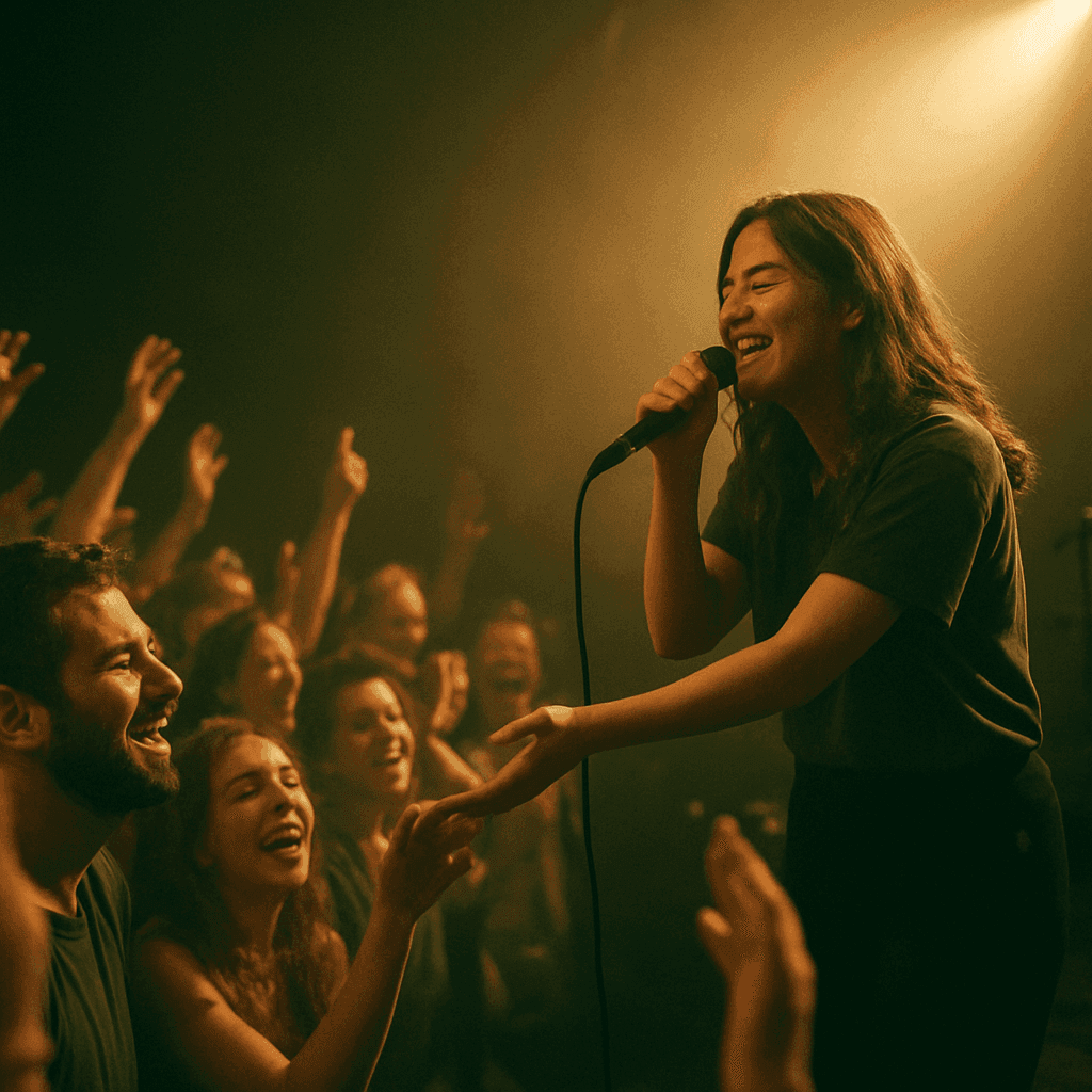 A performer connecting with a joyful audience during a live event
