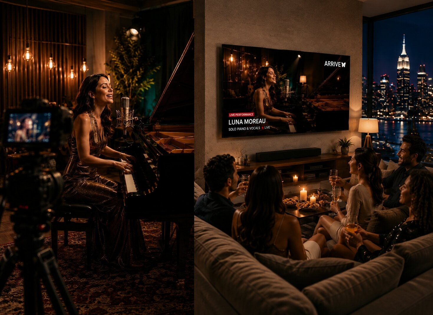 Professional performer livestreaming from a cinematic studio setup while viewers enjoy the performance remotely in an elegant penthouse setting