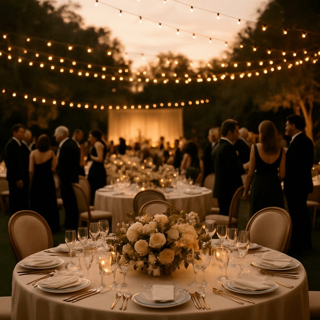 An elegant outdoor wedding and gala reception at dusk with set tables, string lights, and guests