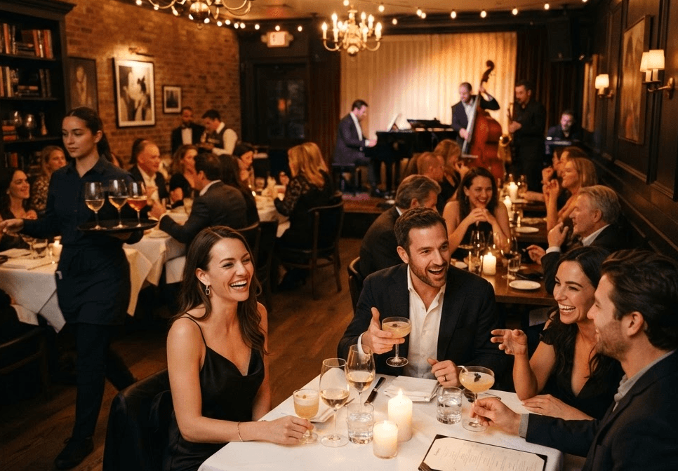 A warm, lively upscale restaurant lounge in the evening with guests laughing and dining while a jazz trio performs