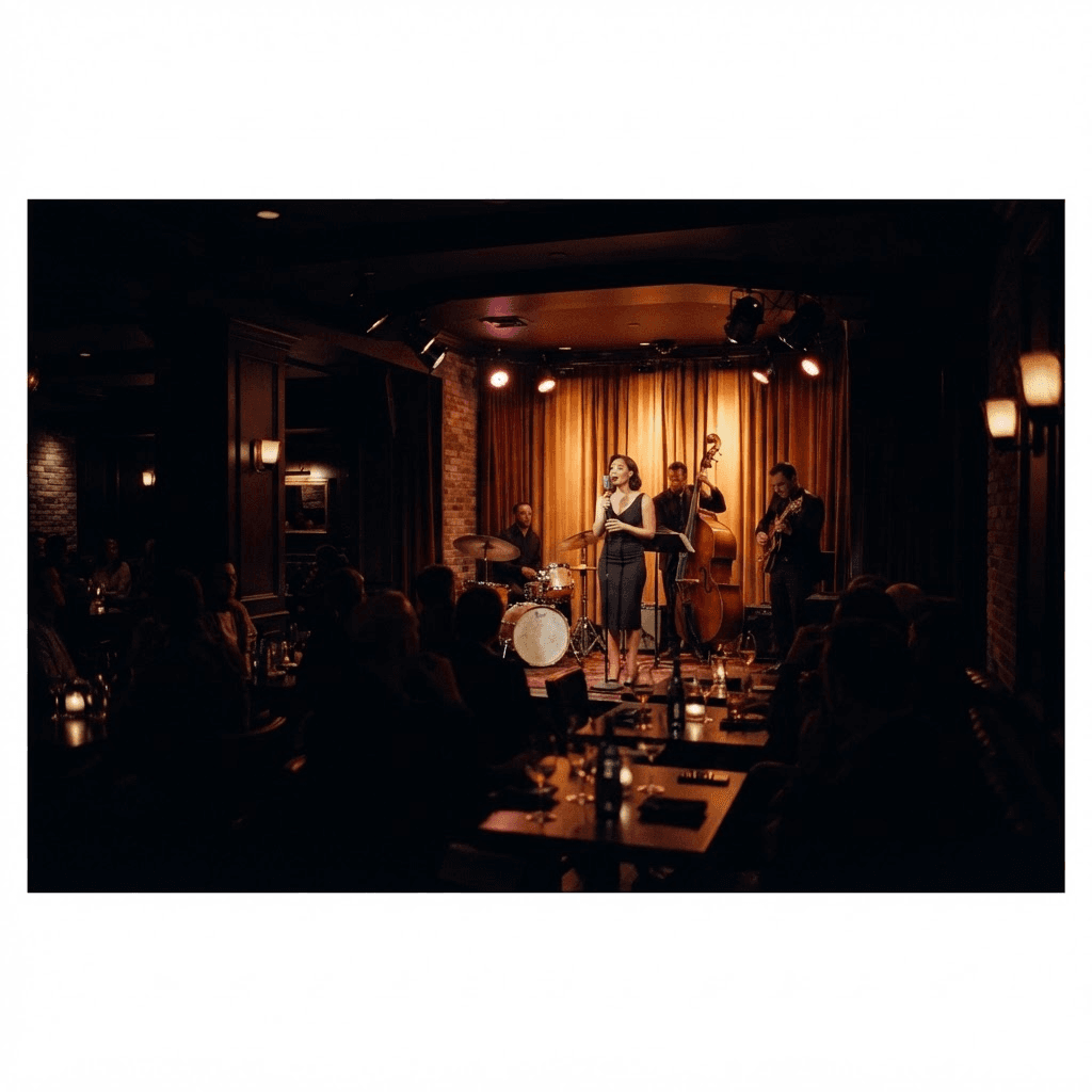 An intimate live music venue at night with warm stage lighting