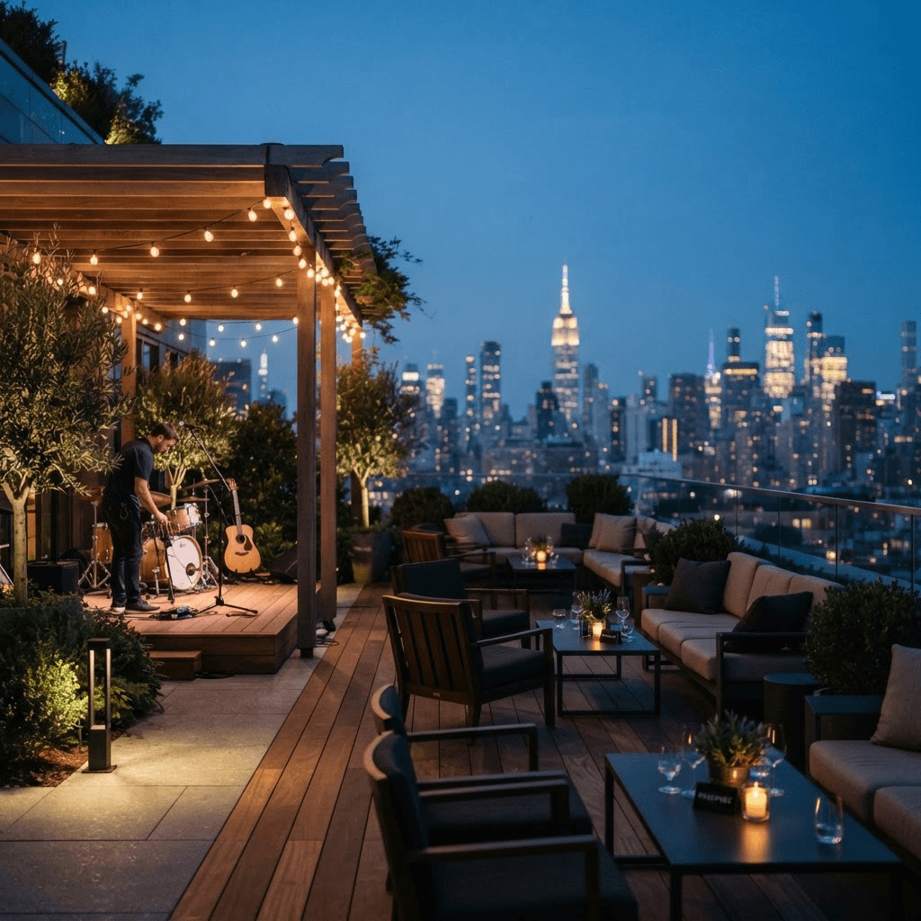An elegant rooftop hospitality venue at dusk with warm string lights and a small stage being prepared