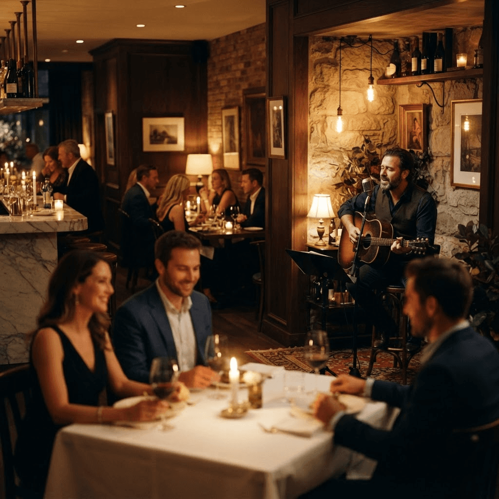 A solo acoustic musician performing softly in a warm, intimate upscale restaurant during evening service